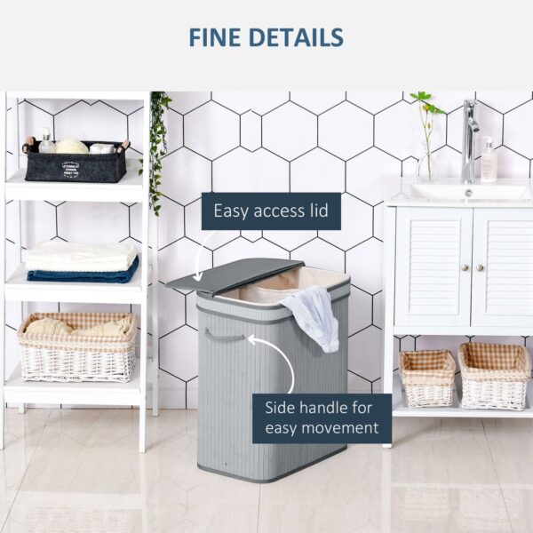 100L Natural Wood Laundry Basket One Compartment w/Flip Lid Removable Lining Handles Board Base Durable Water-Resistant Dirty Clothes Grey - Image 5