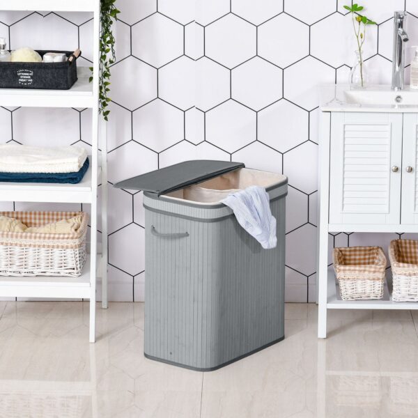100L Natural Wood Laundry Basket One Compartment w/Flip Lid Removable Lining Handles Board Base Durable Water-Resistant Dirty Clothes Grey - Image 2