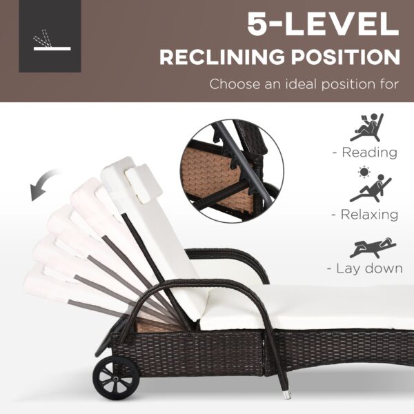 3 Pieces Patio Lounge Chair Set, Garden Wicker Wheeling Recliner Outdoor Daybed, PE Rattan Lounge Chairs w/Cushions & Side Coffee Table Brown - Image 5