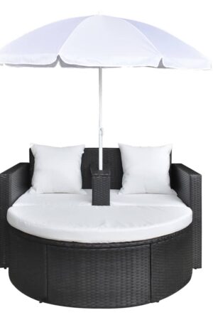 vidaXL Patio Bed Outdoor Patio Lounger Wicker Daybed with Parasol Poly Rattan