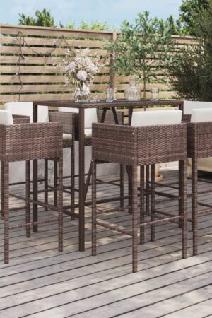 vidaXL Patio Bar Set Outdoor Wicker Table and Stool with Cushions Poly Rattan
