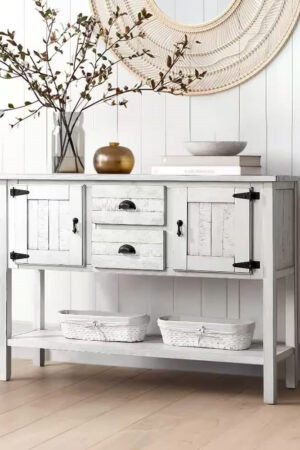 Farmhouse Solid Wood Sofa Table with Storage Drawers in Rustic White Finish
