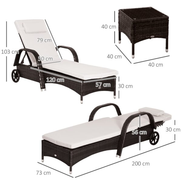 3 Pieces Patio Lounge Chair Set, Garden Wicker Wheeling Recliner Outdoor Daybed, PE Rattan Lounge Chairs w/Cushions & Side Coffee Table Brown - Image 3