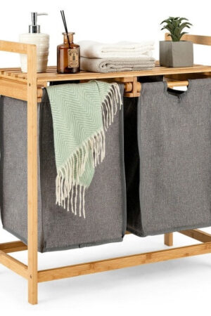 Natural Bamboo 2 Bin Sliding Laundry Hamper with Storage Shelf