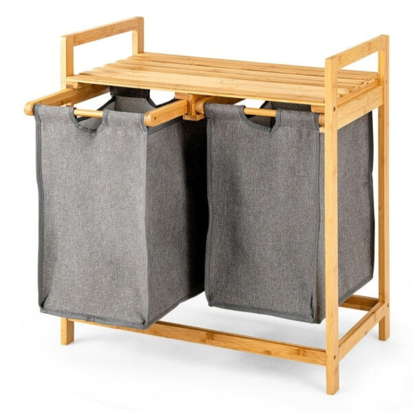 Natural Bamboo 2 Bin Sliding Laundry Hamper with Storage Shelf - Image 2