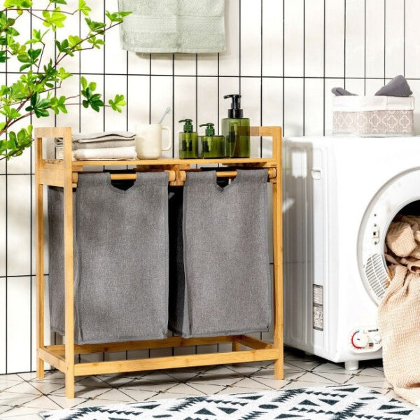 Natural Bamboo 2 Bin Sliding Laundry Hamper with Storage Shelf - Image 3