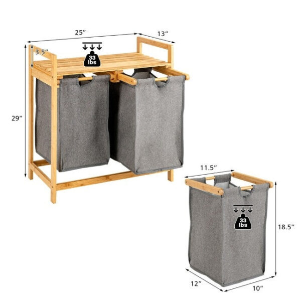 Natural Bamboo 2 Bin Sliding Laundry Hamper with Storage Shelf - Image 4