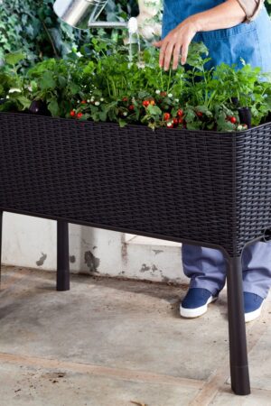 Modern Dark Brown Resin Wicker Raised Garden Bed Planter with Water Indicator