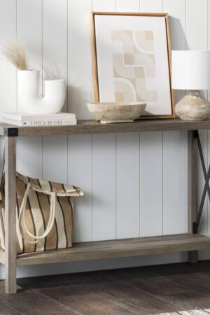 Industrial Farmhouse Entryway Table / Console Table in Taupe Grey Wood Finish