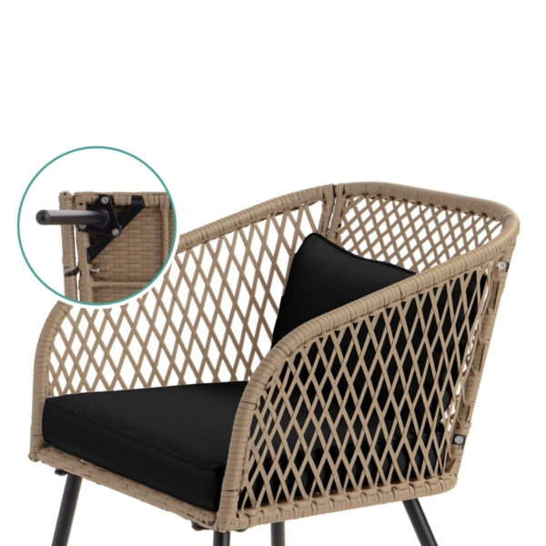 3 Piece Beige/Black Outdoor Weave Wicker Bistro w/ Tempered Glass Side Table Set - Image 3