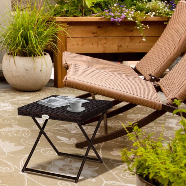 Garden Small Folding Square Rattan Coffee Table Bistro Balcony Outdoor Wicker Weave Side Table 40H x 40L x 40Wcm Brown - Image 2