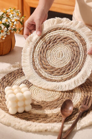 Handwoven heat-resistant placemats with a rustic, eco-friendly design, perfect for protecting tables and enhancing modern dining aesthetics