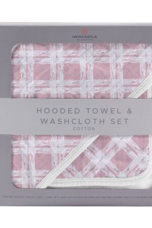 Pink Plaid Cotton Hooded Towel and Washcloth Set