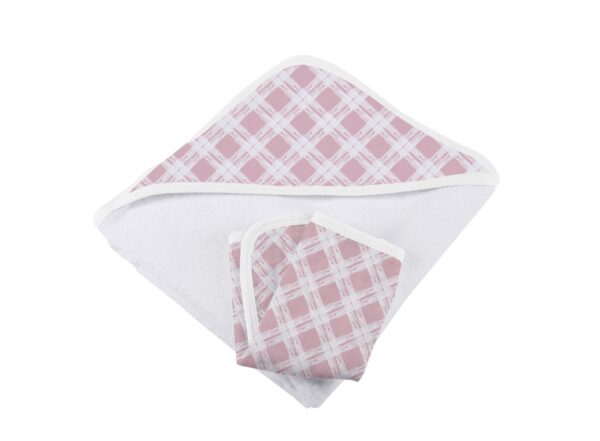 Pink Plaid Cotton Hooded Towel and Washcloth Set - Image 3