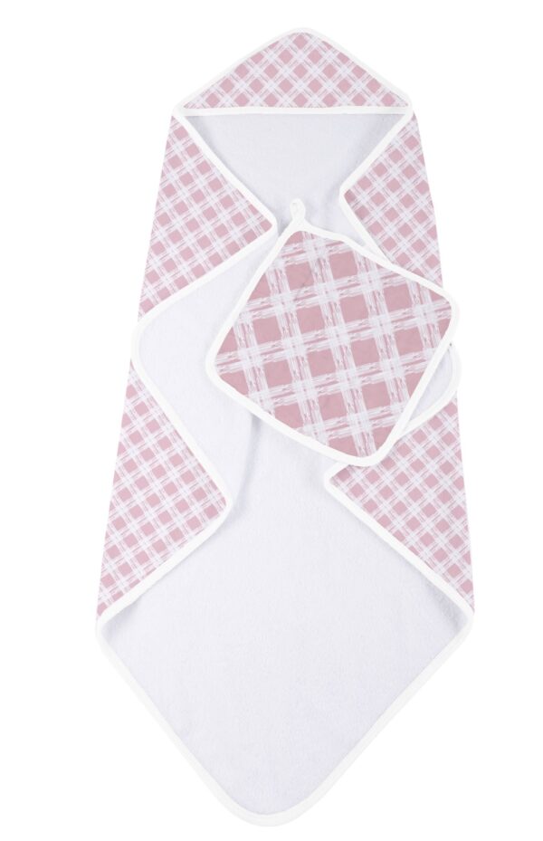 Pink Plaid Cotton Hooded Towel and Washcloth Set - Image 2