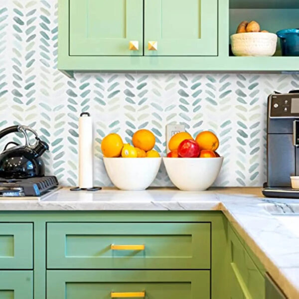 Green and White Boho Peel and Stick Wallpaper - Leaf Herringbone Removable Contact Paper - Image 4