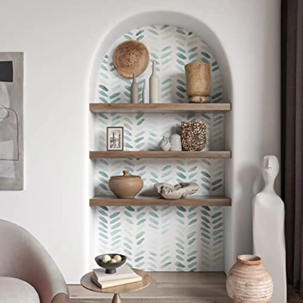Green and White Boho Peel and Stick Wallpaper - Leaf Herringbone Removable Contact Paper - Image 3