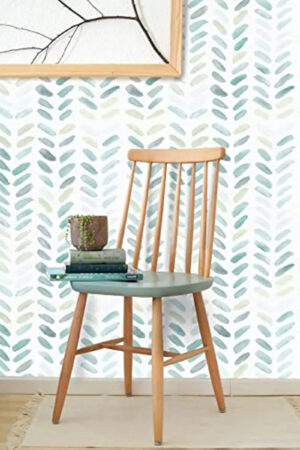 Green and White Boho Peel and Stick Wallpaper - Leaf Herringbone Removable Contact Paper