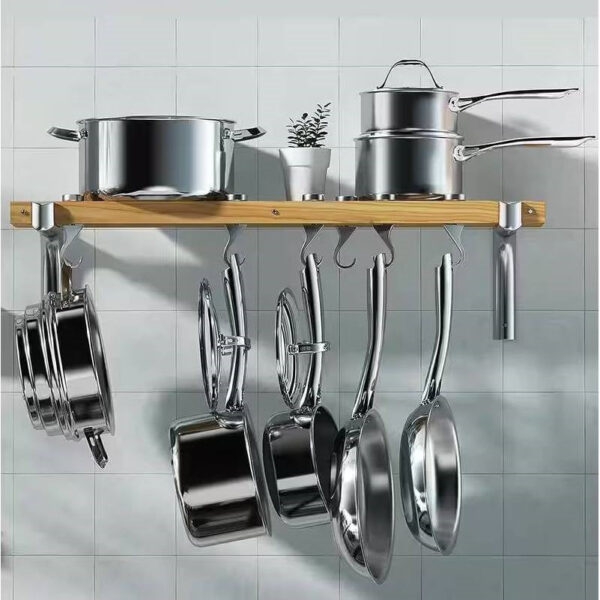 36-inch x 8-inch Wall Mounted Metal Wood Pot Rack with 6 Swivel Hooks - Image 2