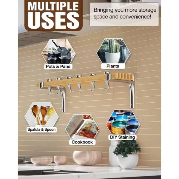 36-inch x 8-inch Wall Mounted Metal Wood Pot Rack with 6 Swivel Hooks - Image 3