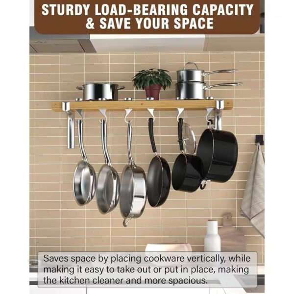 36-inch x 8-inch Wall Mounted Metal Wood Pot Rack with 6 Swivel Hooks - Image 4