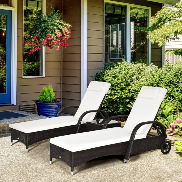 3 Pieces Patio Lounge Chair Set, Garden Wicker Wheeling Recliner Outdoor Daybed, PE Rattan Lounge Chairs w/Cushions & Side Coffee Table Brown - Image 2