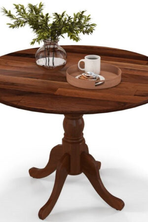Round 40-inch Solid Wood Farmhouse Kitchen Dining Table in Medium Brown Finish