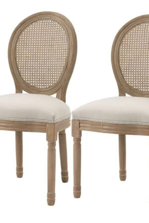 Set of 2 Vintage Upholstered Armless Rattan Back Dining Chairs Beige White
