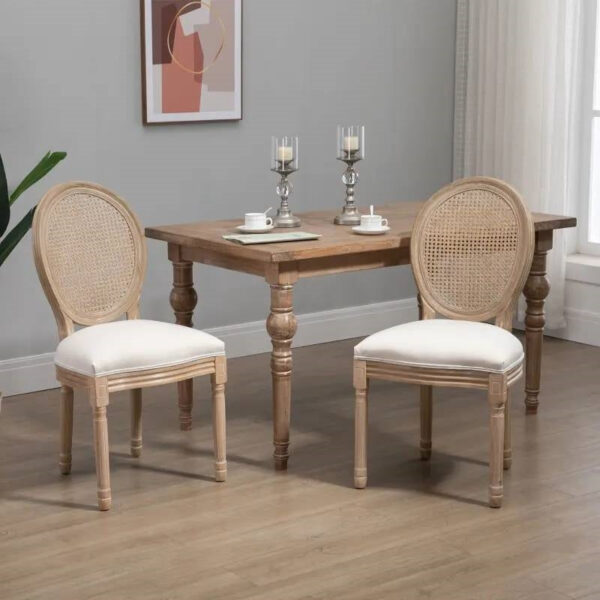 Set of 2 Vintage Upholstered Armless Rattan Back Dining Chairs Beige White - Image 2