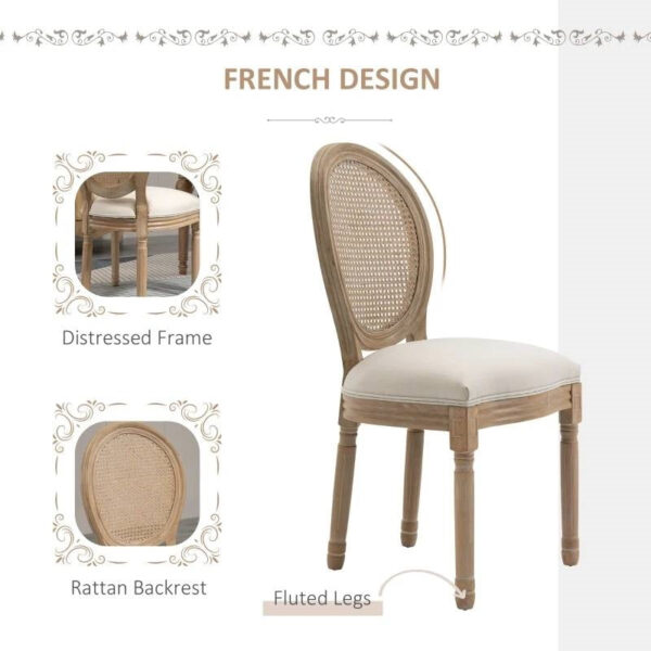 Set of 2 Vintage Upholstered Armless Rattan Back Dining Chairs Beige White - Image 3