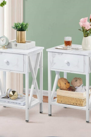 Set of 2 - Rustic Farmhouse 1-Drawer Nightstand Bedside Table in White