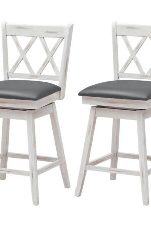 Set of 2 White Wood 24-in Counter Height Farmhouse Swivel Cushion Seat Barstools