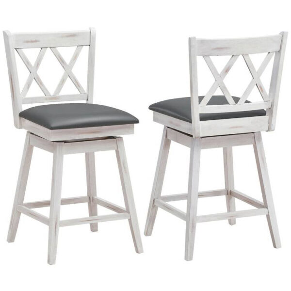 Set of 2 White Wood 24-in Counter Height Farmhouse Swivel Cushion Seat Barstools - Image 2