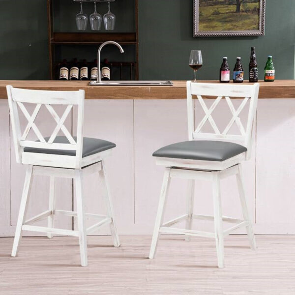 Set of 2 White Wood 24-in Counter Height Farmhouse Swivel Cushion Seat Barstools - Image 3