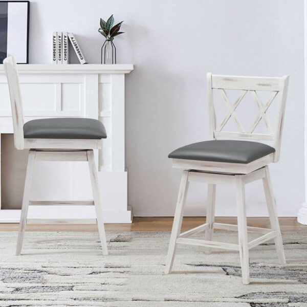 Set of 2 White Wood 24-in Counter Height Farmhouse Swivel Cushion Seat Barstools - Image 4