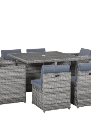 Patio 8-Seater Rattan Dining Table Chair Set Garden Wicker Cube Sofa Furniture w/ Umbrella Hole Table for Indoor & Outdoor Mixed Grey