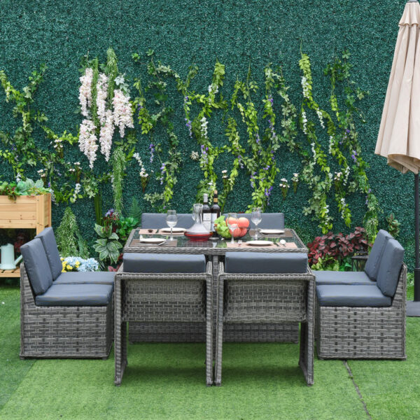 Patio 8-Seater Rattan Dining Table Chair Set Garden Wicker Cube Sofa Furniture w/ Umbrella Hole Table for Indoor & Outdoor Mixed Grey - Image 2