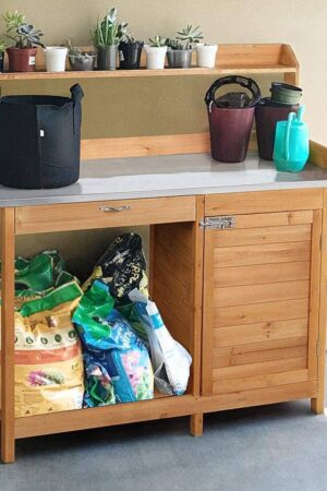 Natural Fir Wood Potting Bench with Galvanized Steel Table Top