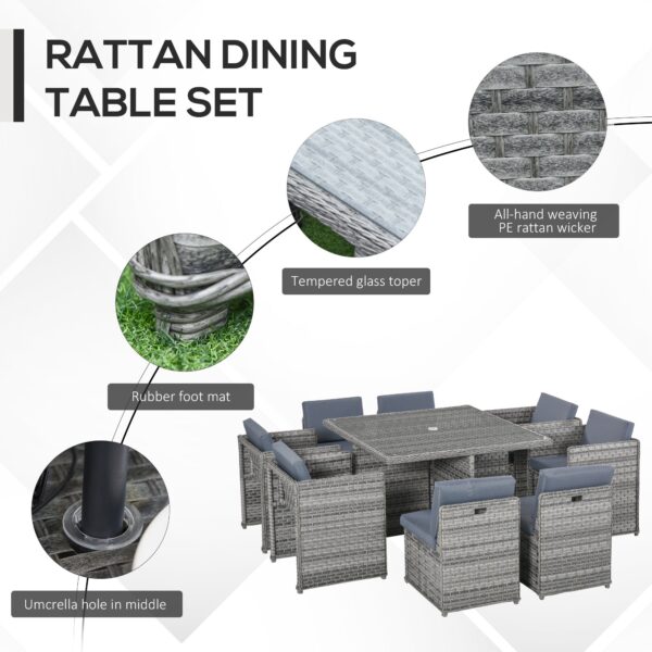 Patio 8-Seater Rattan Dining Table Chair Set Garden Wicker Cube Sofa Furniture w/ Umbrella Hole Table for Indoor & Outdoor Mixed Grey - Image 5