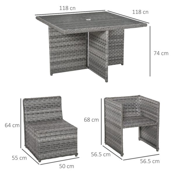 Patio 8-Seater Rattan Dining Table Chair Set Garden Wicker Cube Sofa Furniture w/ Umbrella Hole Table for Indoor & Outdoor Mixed Grey - Image 3